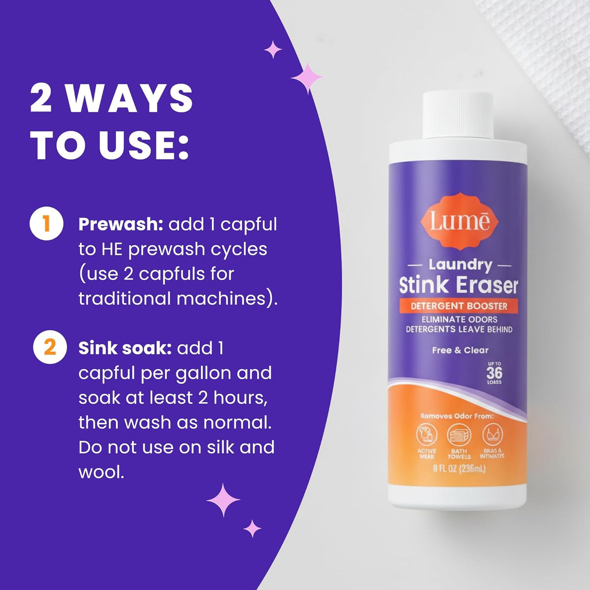 Lume Clothing Odor & Stain Remover – Laundry Booster & Soak – Removes Body Odor from Clothes – Powerful Odor-Eliminating Enzyme Formula Boosts Detergent Performance – Fragrance-Free & Dye-Free – 8 fl oz (Pack of 2)